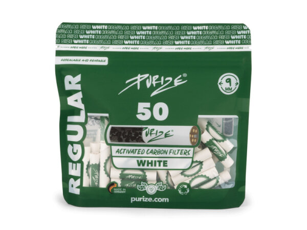 PURIZE White, 50er Pack., Regular Size 9mm, Aktivkohlefilter