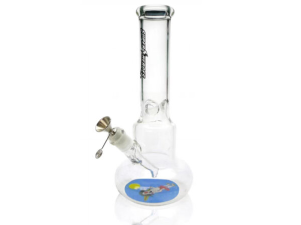 Glasbong "Super Heroes" transparent; konisch;  Boden Rasta Blau, Höhe 31,5cm