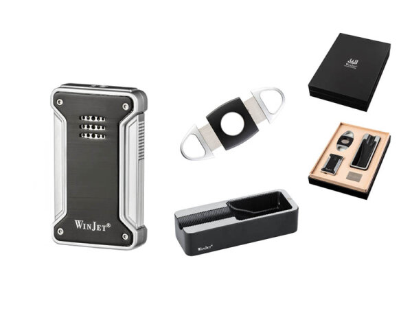 Zigarrenset: Jet-Feuerzeug., Aschenbecher, Cutter Ring 58 inkl. Geschenkbox