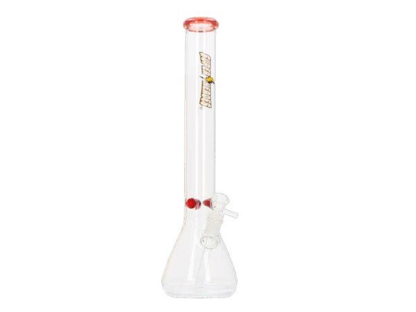 Glasbong "Super Heroes" kon. transp. mit rot., H&ouml;he 45,2 cm; &Oslash; 4,5cm, Schliff 14,5