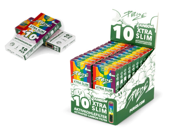 PURIZE "10 Purize" Rainbow; 20er Pack á 10 Filter; Xtra Slim Size; Aktivkohlefilter