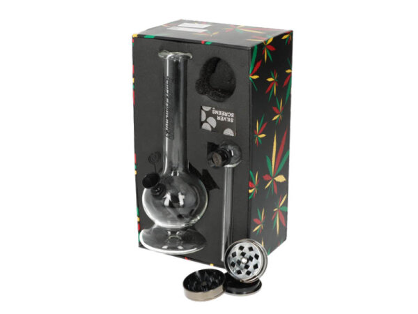 Glasbong Set - Mini Bong + Plastikgrinder 3tlg. Ø4cm + Glaspfeife mit Siebe