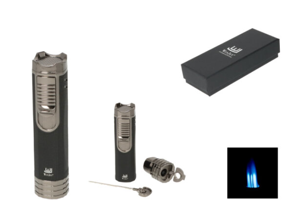 Zigarrenfeuerzeug "Winjet" schwarz crackle/anthrazit, 3xJet-Flame, Bohrer, Dorn, Zigarrenablage