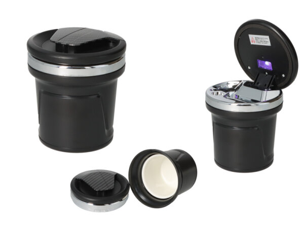 Autoaschenbecher "Schwarz/Silber" Carbonoptik mit LED + Gluttöter, Ø 7,5 / 8 cm H.10cm