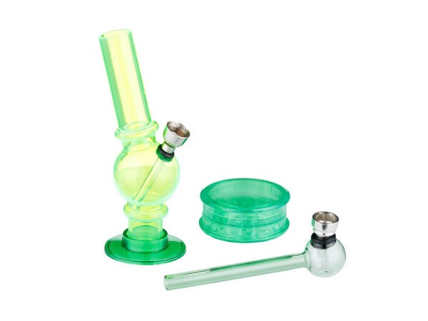 Acrylbong-Set "Super Heroes" neongrün (Grinder, Pfeife, Bong), Bong-Höhe 15cm