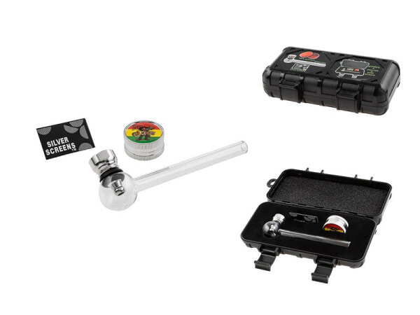 Raucher-Set/Travelbox "Jamaika" (Grinder+Glaspfeife+Siebe)