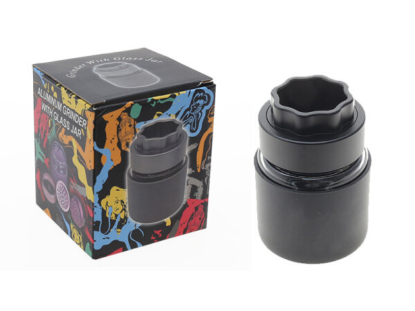 Grinder "Schwarz" Aluminium mit Glas, 4-tlg.; &Oslash; 45 mm; Ma&szlig;e 10 cm x 7 cm