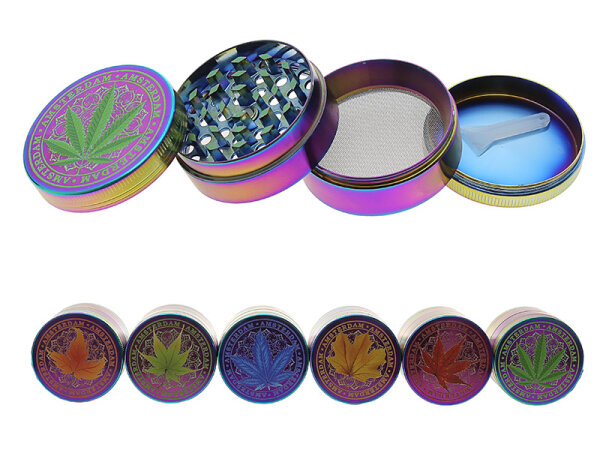 Grinder "Hanfblatt"; regenbogenfarbig; 4-tlg.; 6-fach sort.; &Oslash; 45 mm; H&ouml;he: 3,7 cm, einzeln