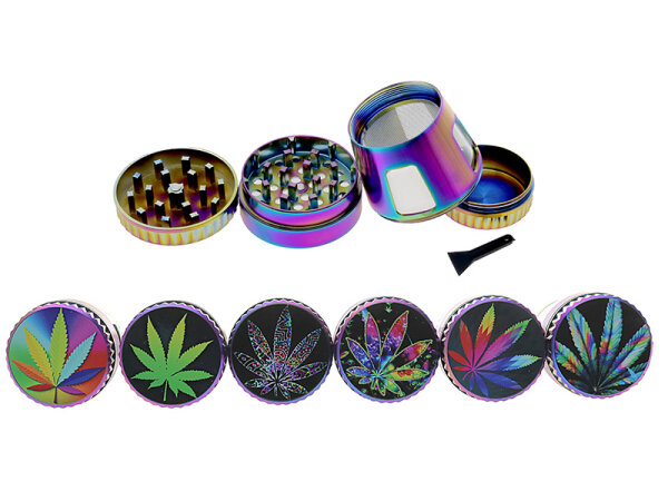 Grinder "Hanfblatt" regenbogenfarbig; 4-tlg.; 6-fach sort. mit Sichtfenster; &Oslash; 45 mm; H&ouml;he : 6,4 cm; einzeln