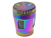 Grinder "Hanfblatt" regenbogenfarbig; 4-tlg.; 6-fach sort. mit Sichtfenster; &Oslash; 45 mm; H&ouml;he : 6,4 cm; einzeln