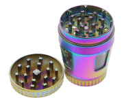 Grinder "Hanfblatt" regenbogenfarbig; 4-tlg.; 6-fach sort. mit Sichtfenster; &Oslash; 45 mm; H&ouml;he : 6,4 cm; einzeln
