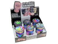 Grinder "Hanfblatt" regenbogenfarbig; 4-tlg.; 6-fach sort. mit Sichtfenster; &Oslash; 45 mm; H&ouml;he : 6,4 cm; einzeln