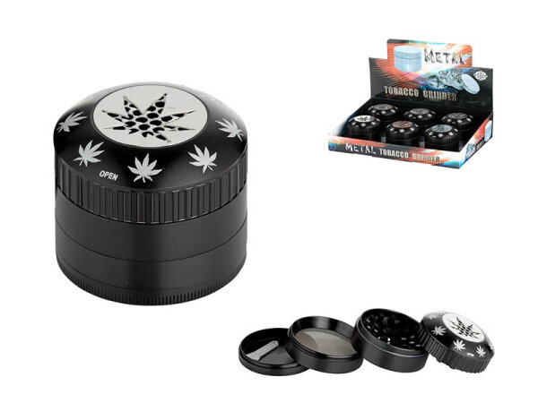 Grinder "Hanfblatt" Metall schwarz , 3-tlg.; Ø 5cm. H 4,5cm, einzeln