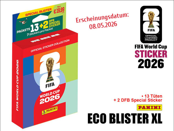 Panini FIFA WM 2026; Sticker -  Eco Blister XL + 13 T&uuml;ten + Bonusticker