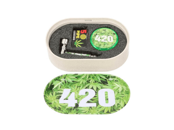 Raucher-Set "420 Hanf" Metallpfeife 7cm+Siebe+Plastikgrinder 2tlg. &Oslash;4cm